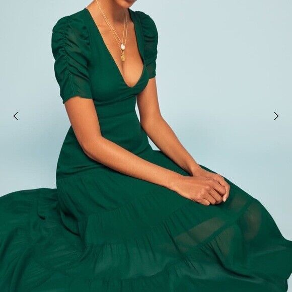 REFORMATION Emerald Green COSA Ruched Sleeve Tiered Deep V-Neck Dress 4 = S - Picture 3 of 6